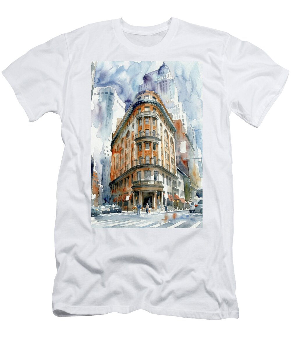 Delmonicos Corner New York Watercolor Cityscape Marian Voicu T-Shirt