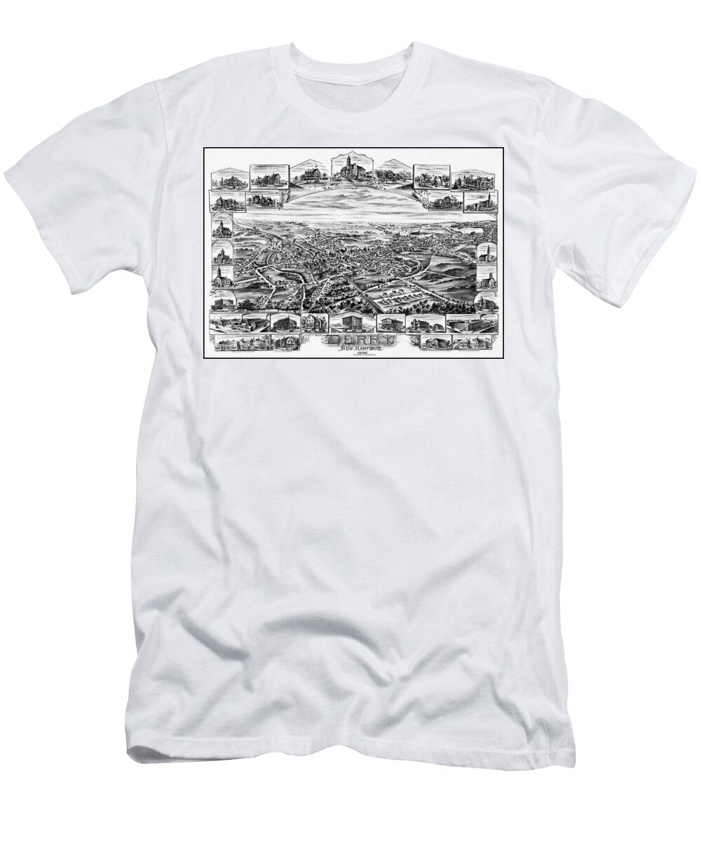 Derry New Hampshire Vintage Map Birds Eye View 1898 Black and White Carol Japp T-Shirt