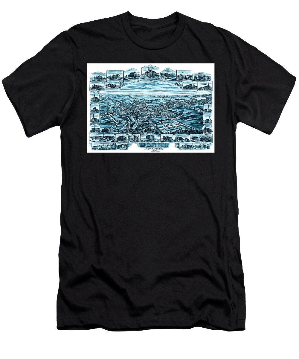 Derry New Hampshire Vintage Map Birds Eye View 1898 Blue and White Carol Japp T-Shirt