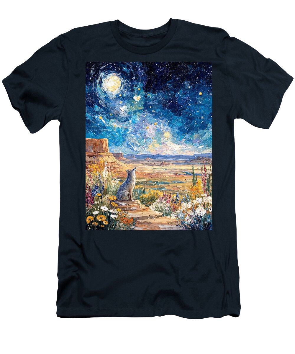 Desert Landscape Night Sky Coyote Howling From a Desert Mesa Looking Wildlife Painting Elmer Powers T-Shirt