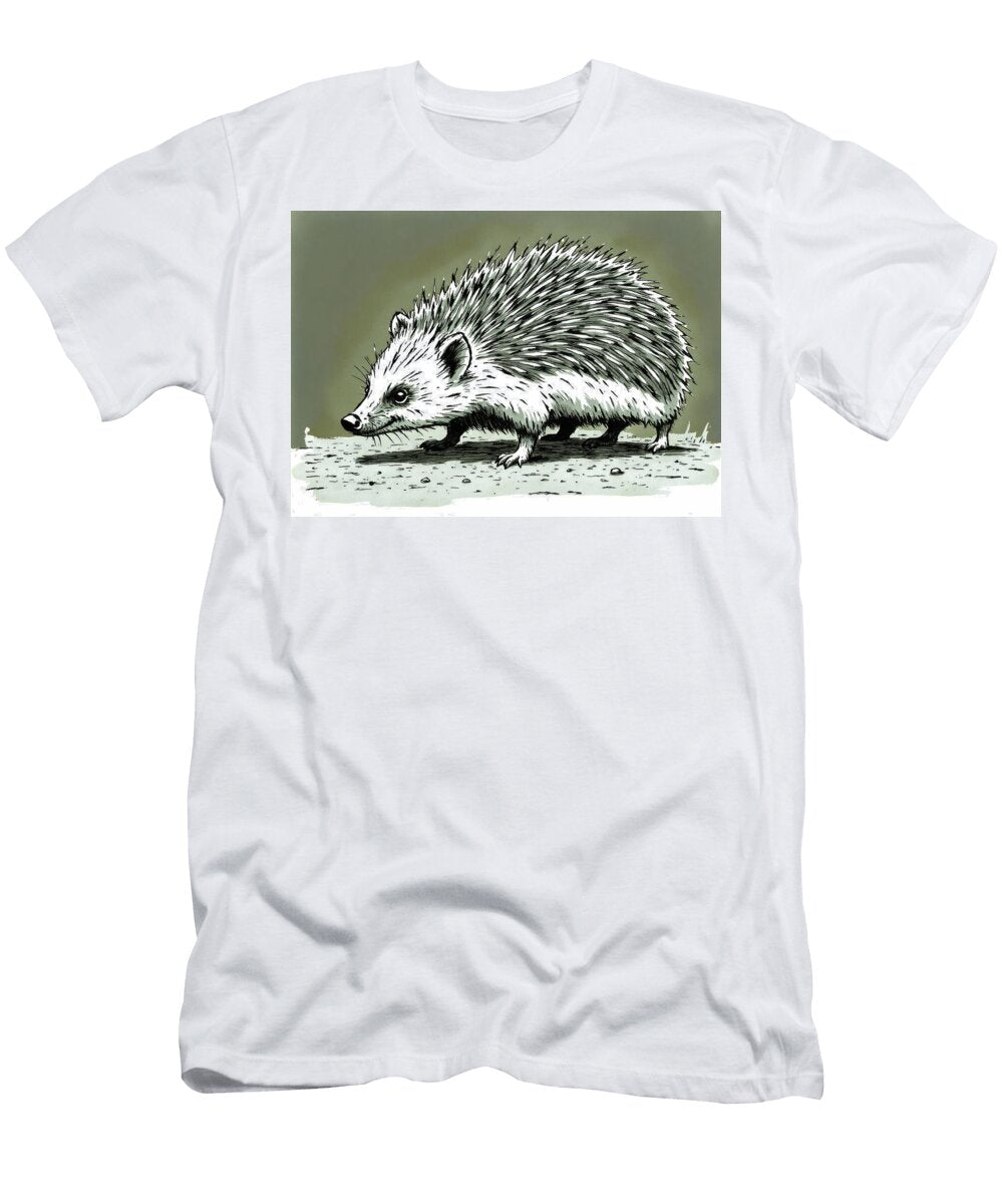 Detailed Drawing of a Hedgehog Walking on Textured Ground Plane Wall Art Prints T-Shirt
