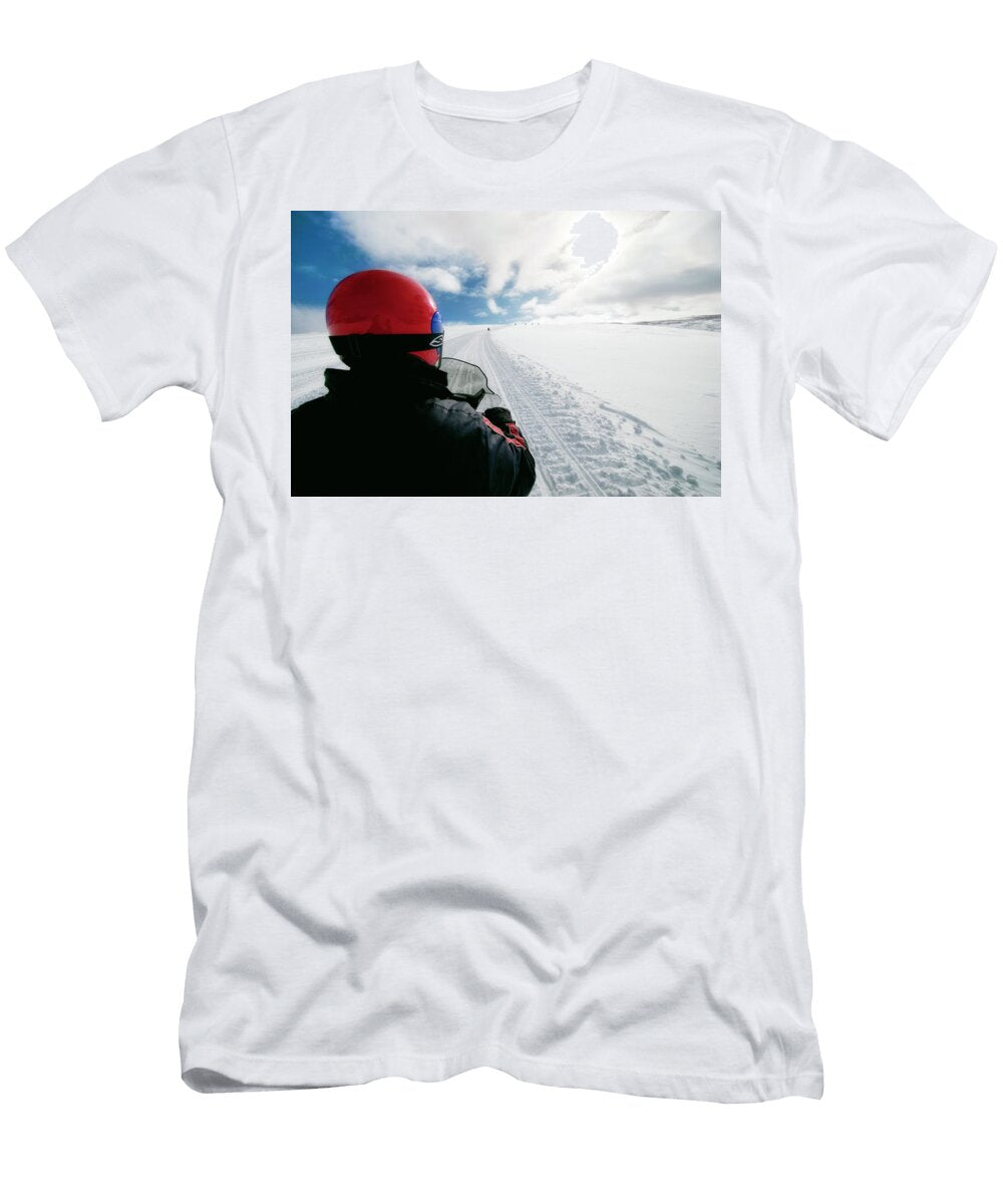 Driving a Snowmobile Through Snow Leslie Parrott T-Shirt