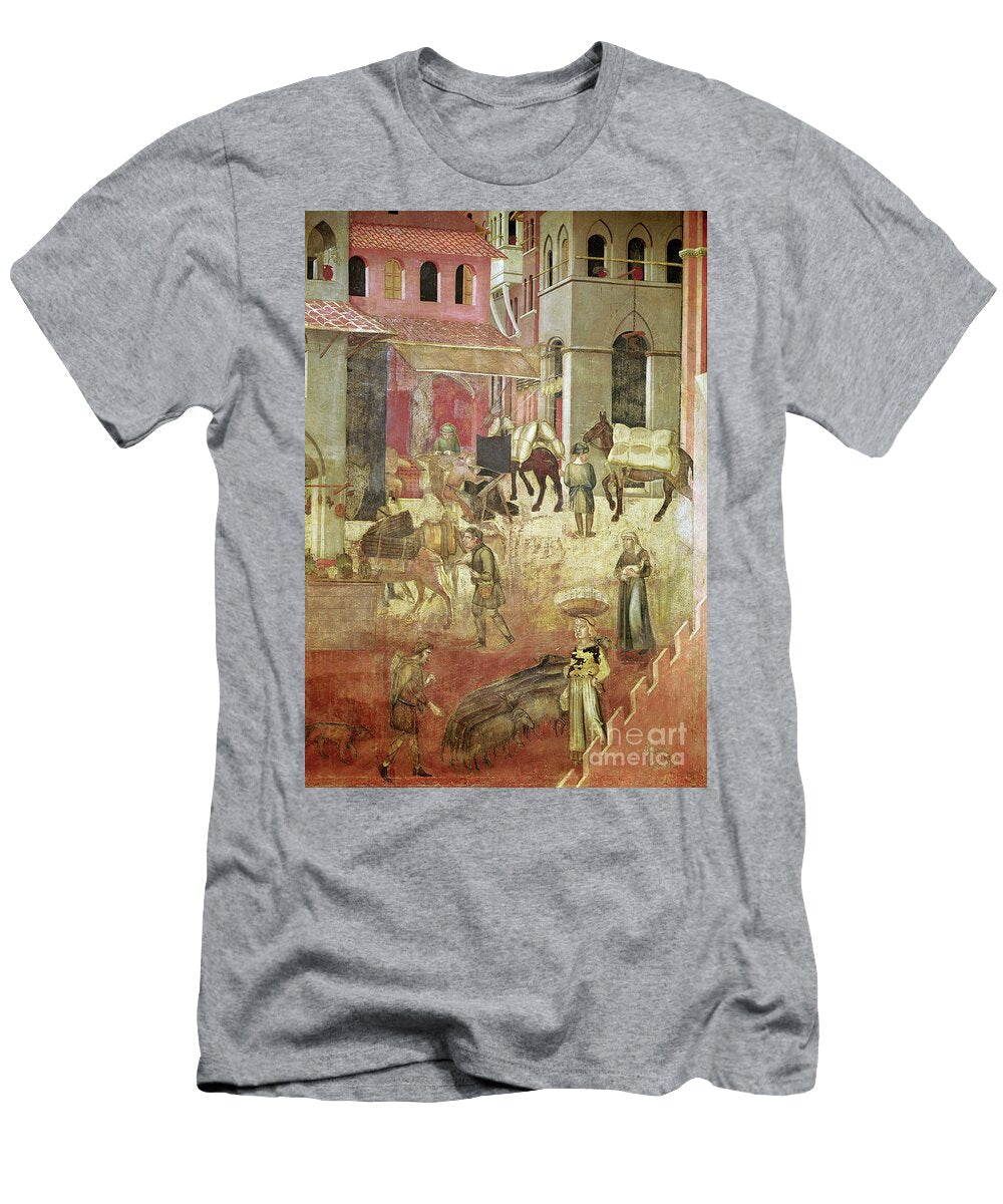 Effects of Good Government in City Detail From Allegory and Effects of Good and Bad Government on Town and Country Donkeys Carrying Goods Textile Weavers a Shepherd and His Herd 1337 9 Ambrogio Lorenzetti T-Shirt