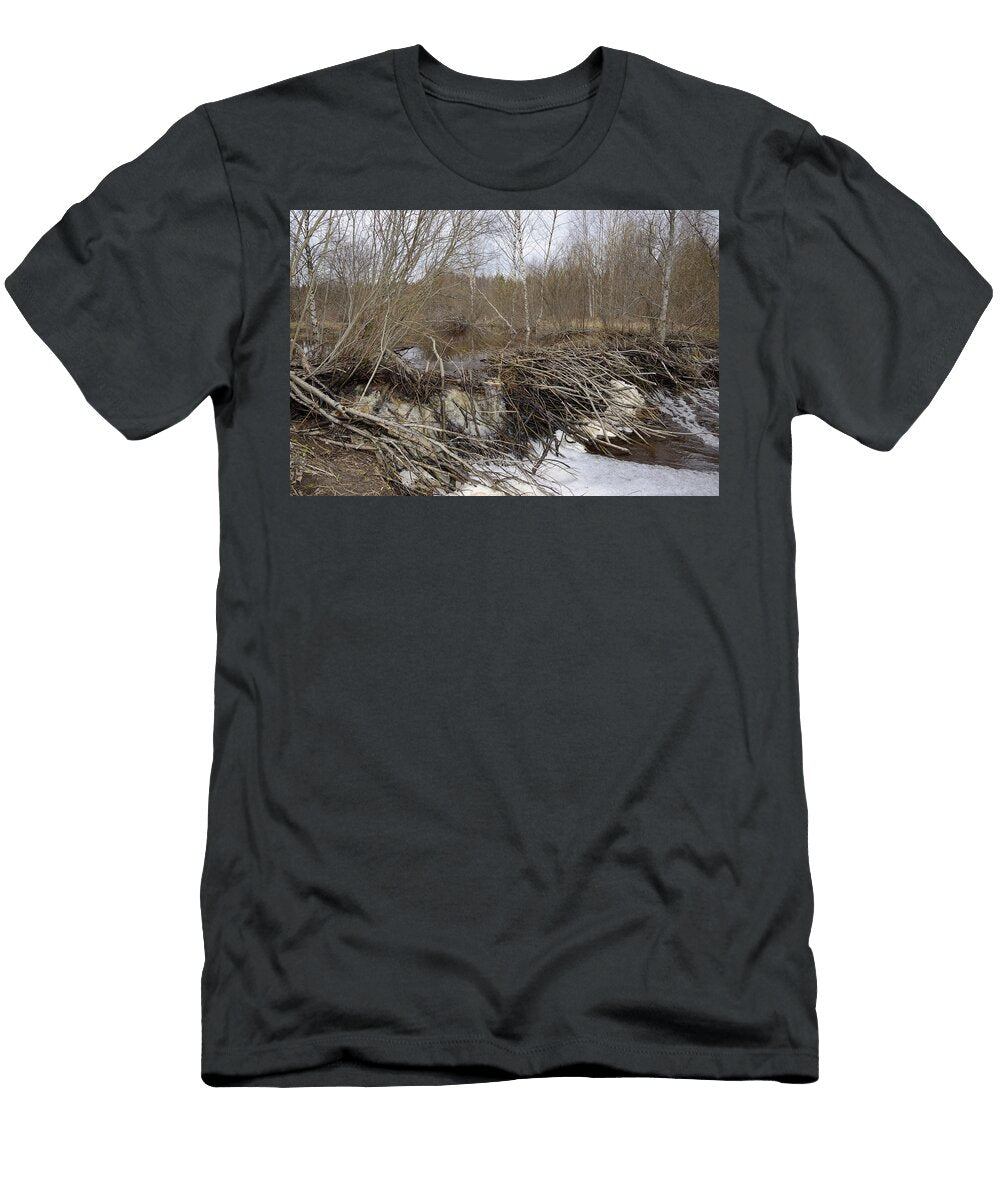 Eurasian Beaver Dam Made From Cut Branches Surrounded By Nick Upton Natureplcom T-Shirt