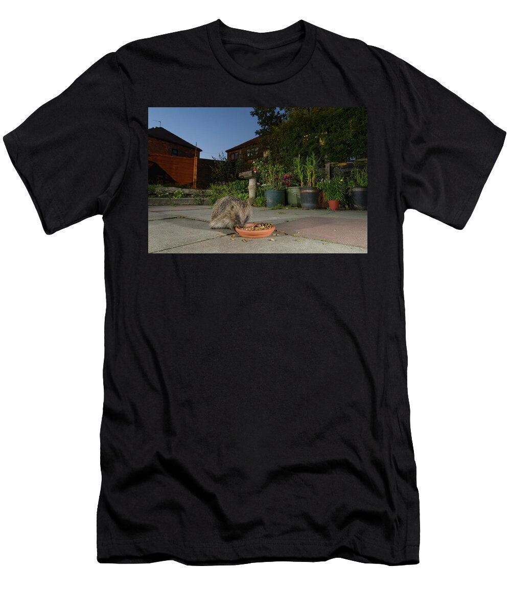 European Hedgehog Feeding From Bowl in Urban Garden Terry Whittaker Natureplcom T-Shirt