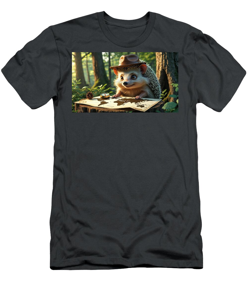 Explorer Hedgehog with Map in Forest Colorful Points T-Shirt