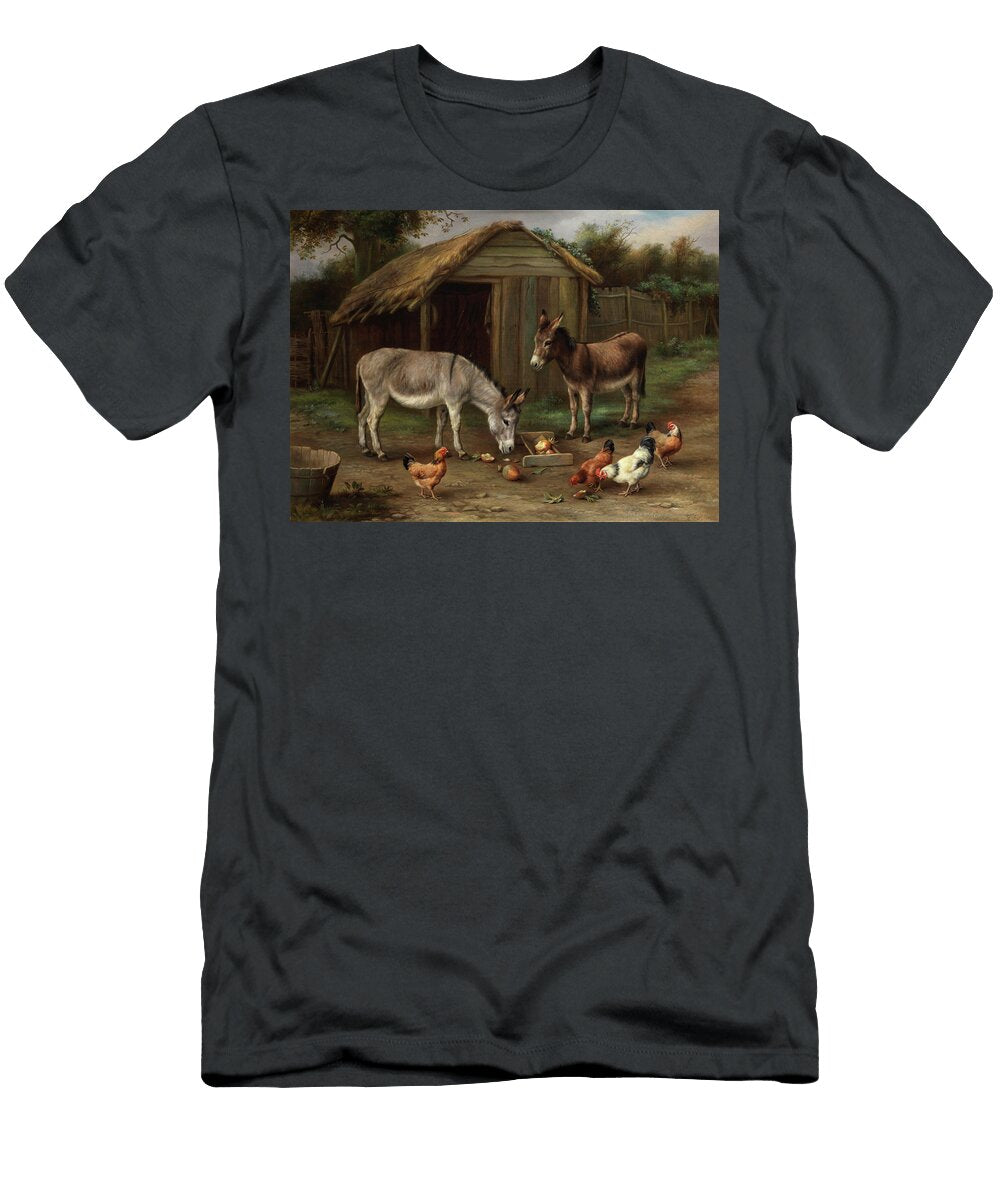Farmyard Scene with Donkeys and Chickens Edgar Hunt T-Shirt