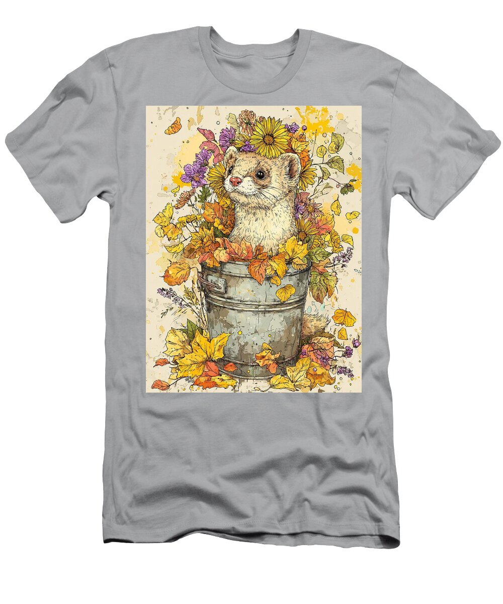 Ferret in a Bucket of Flowers Floral Illustrations Cute Animal Art Weasel Kit Autumn Animals Elmer Powers T-Shirt