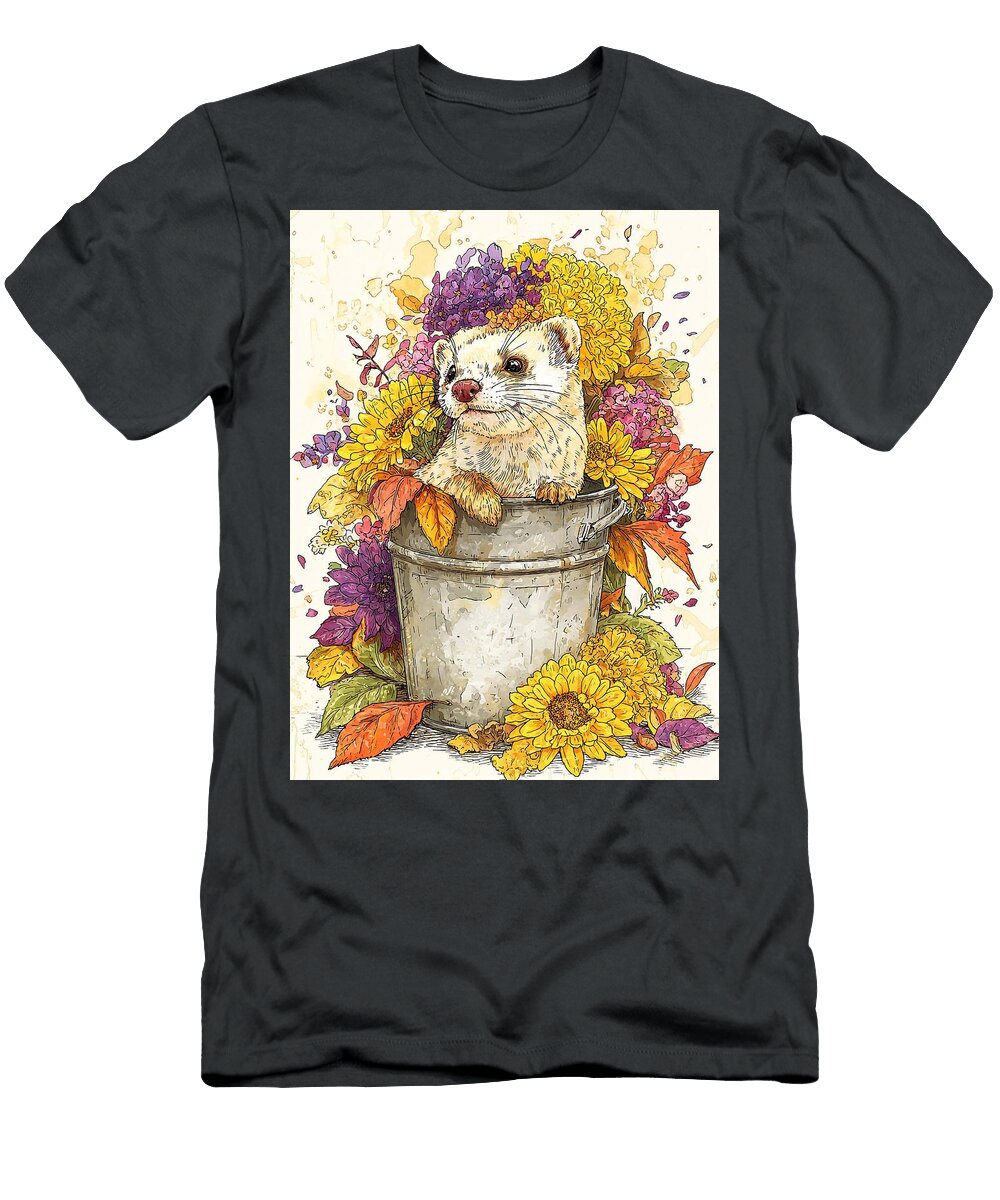 Ferret in Floral Bucket Fall Season Autumn Flowers Stoat Kit Cute Animal Elmer Powers T-Shirt