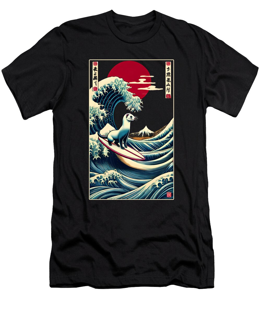 Ferret Kanagawa Wave Surf Surfboard Japanese Art Ferret Lover Job T-Shirt