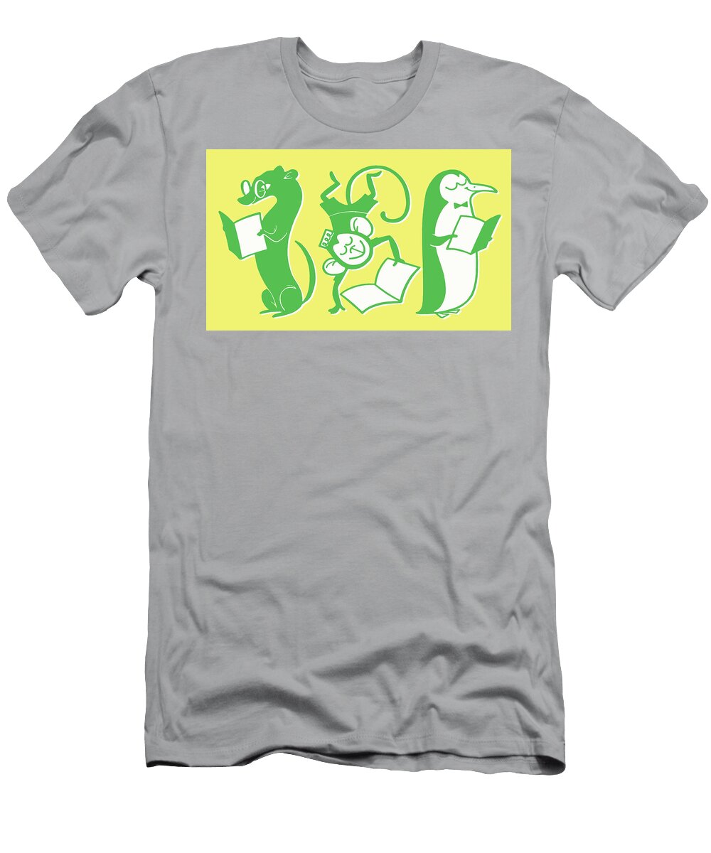 Ferret Monkey and Penguin All Reading Books Csa Images T-Shirt