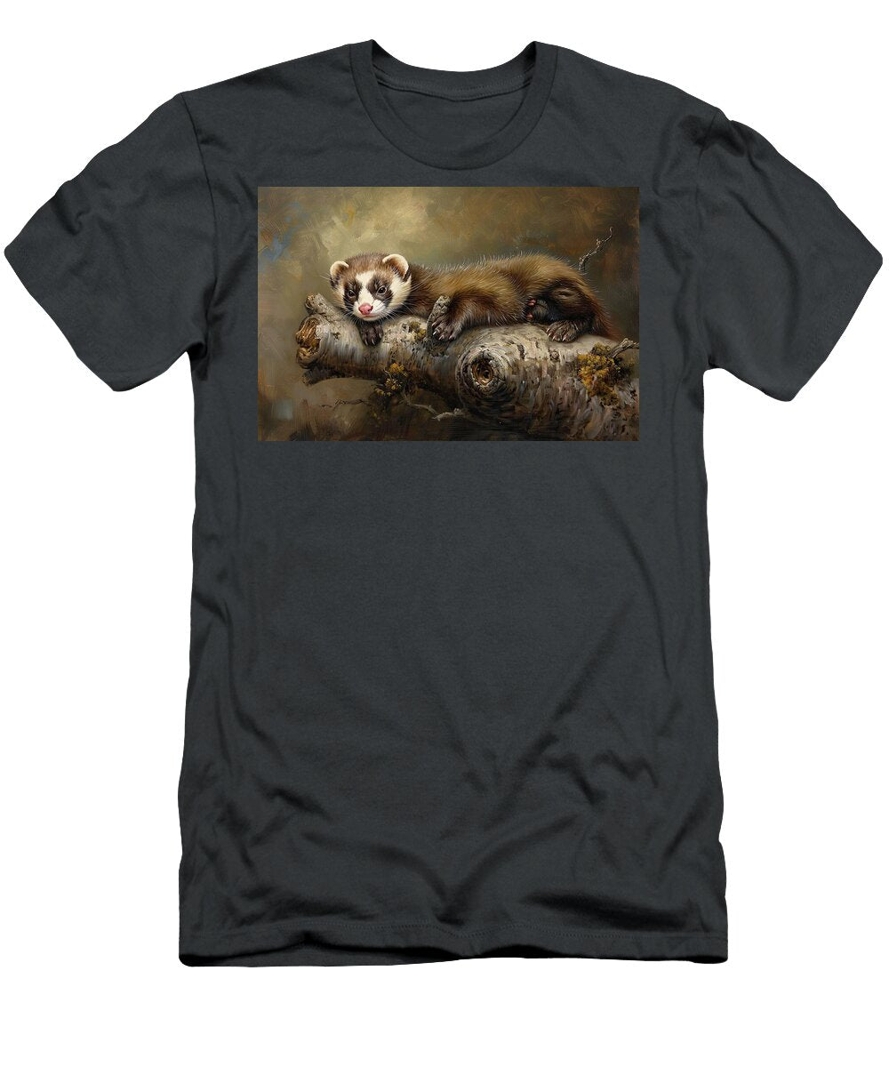 Ferret Resting on Mossy Log Mindscape Arts T-Shirt