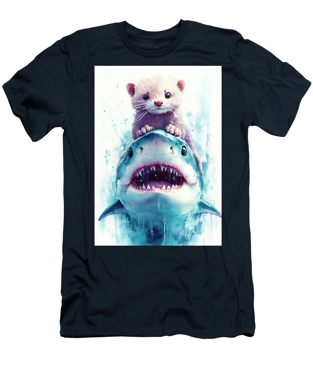 Ferret Riding a Great White Shark Watercolor Painting Clint Mclaughlin T-Shirt