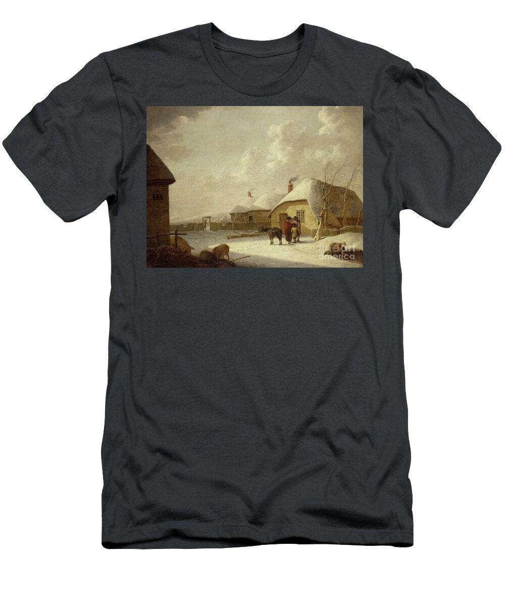 Figures Outside a Cottage in the Snow Hendrik Willem Schweickardt T-Shirt