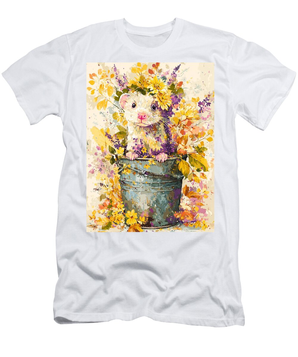 Floral Animal Shrew Pup Cute Ferret Autumn Colors Elmer Powers T-Shirt
