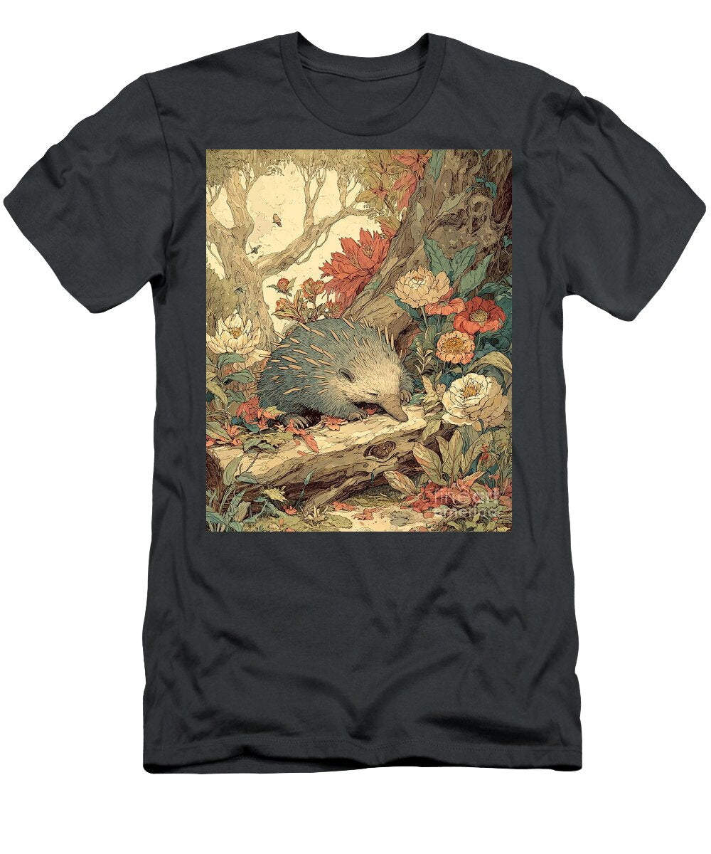 Floral Background Echidna in a Lush Forest Setting Wildlife Art Forest Animals Clint Mclaughlin T-Shirt