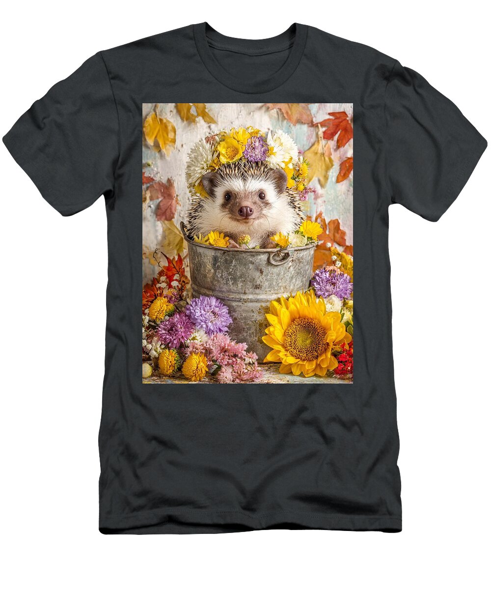 Flower Crown Hedgehog Cute Hedgehog Portrait Hedgehog African Pygmy Autumn Floral Still Life Elmer Powers T-Shirt