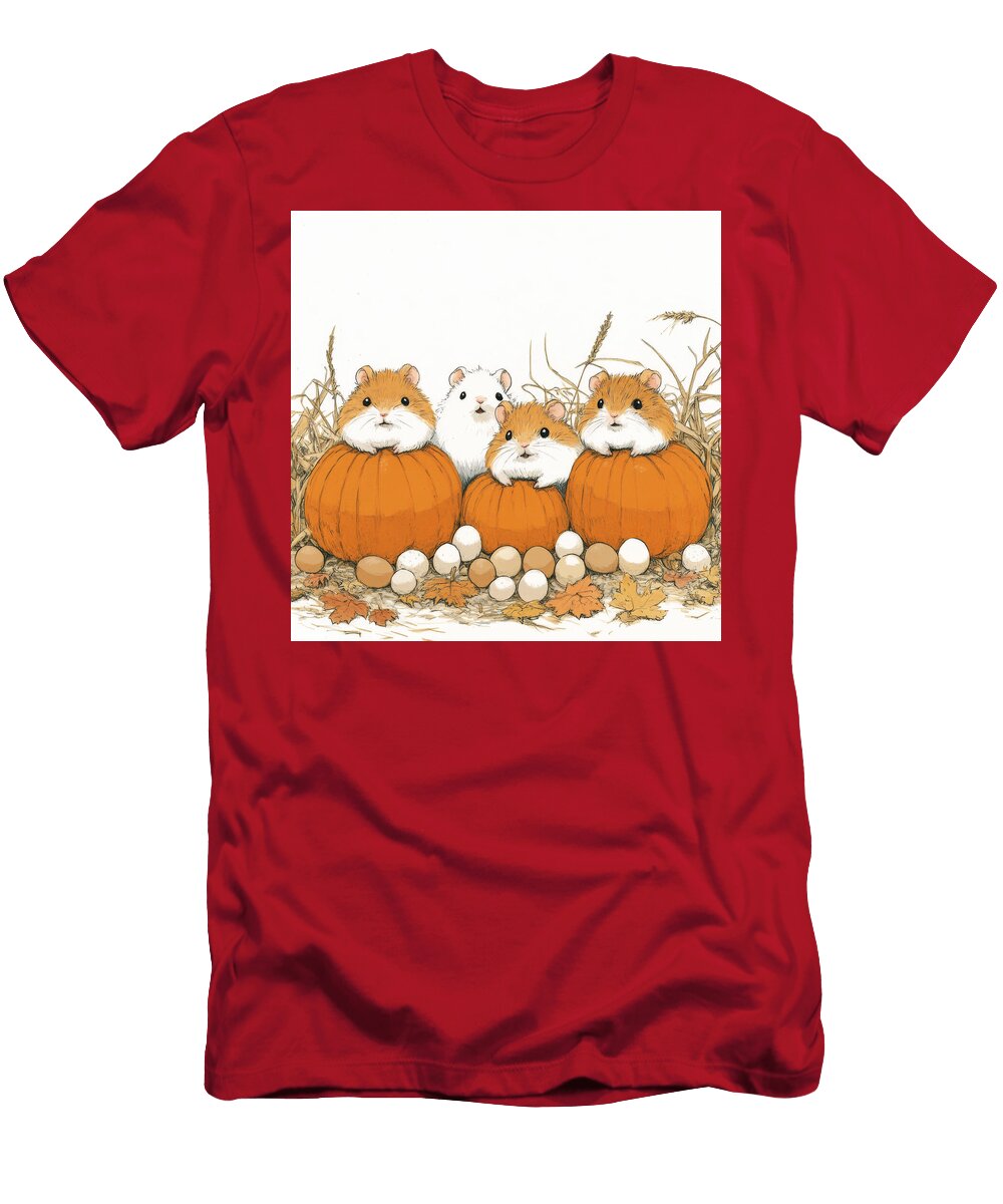 Four Hamsters Sit on Pumpkins and Eggs in Autumn Clark Jhosep T-Shirt