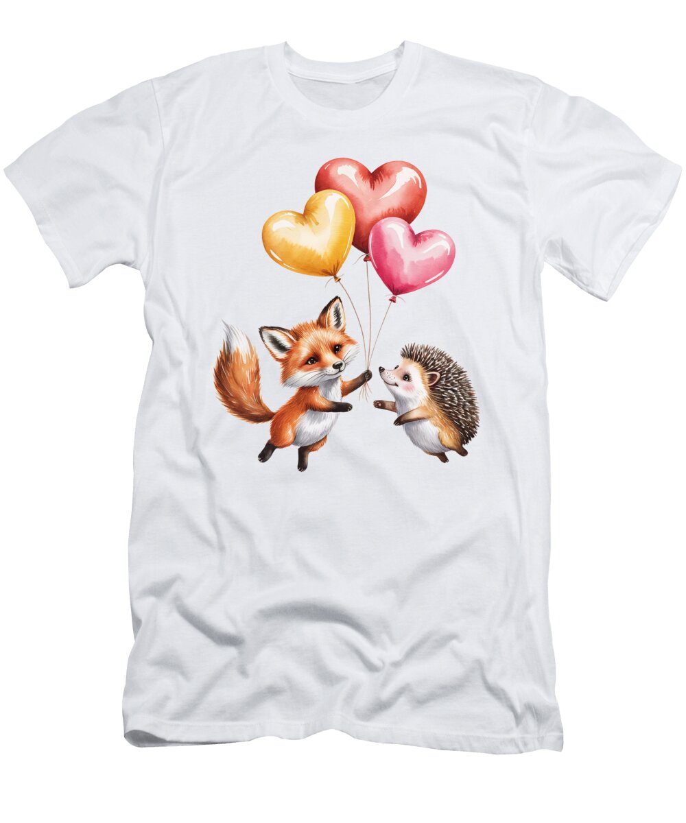 Fox and Hedgehog with Heart Balloons Joanna Redesiuk T-Shirt