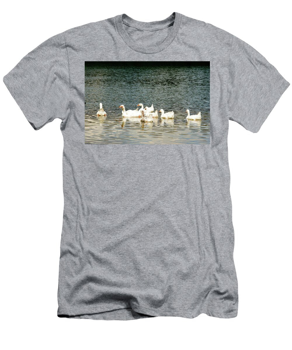Gaggle of White Geese in Lake Water Johan Ferret T-Shirt