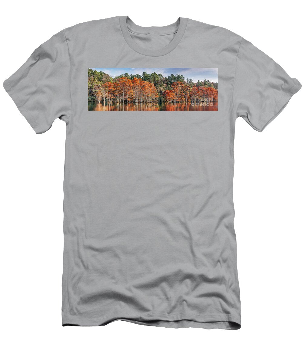 Golden Hour Panorama of Changing Bald Cypresses At Beavers Bend State Park Broken Bow Oklahoma Silvio Ligutti T-Shirt