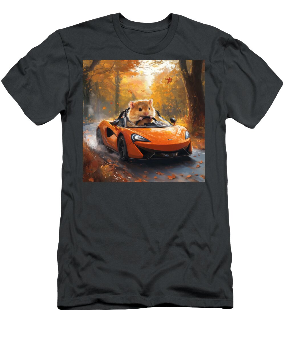Hamster Driving Orange Sports Car on Autumn Road Still Wilson T-Shirt