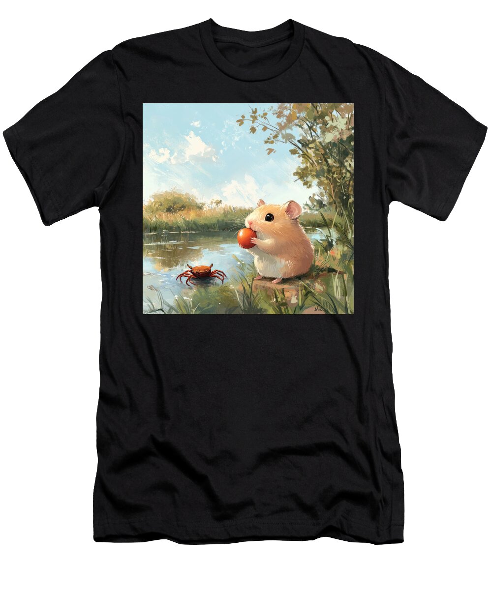 Hamster Eats Fruit By River with a Crab Nayara Monte T-Shirt