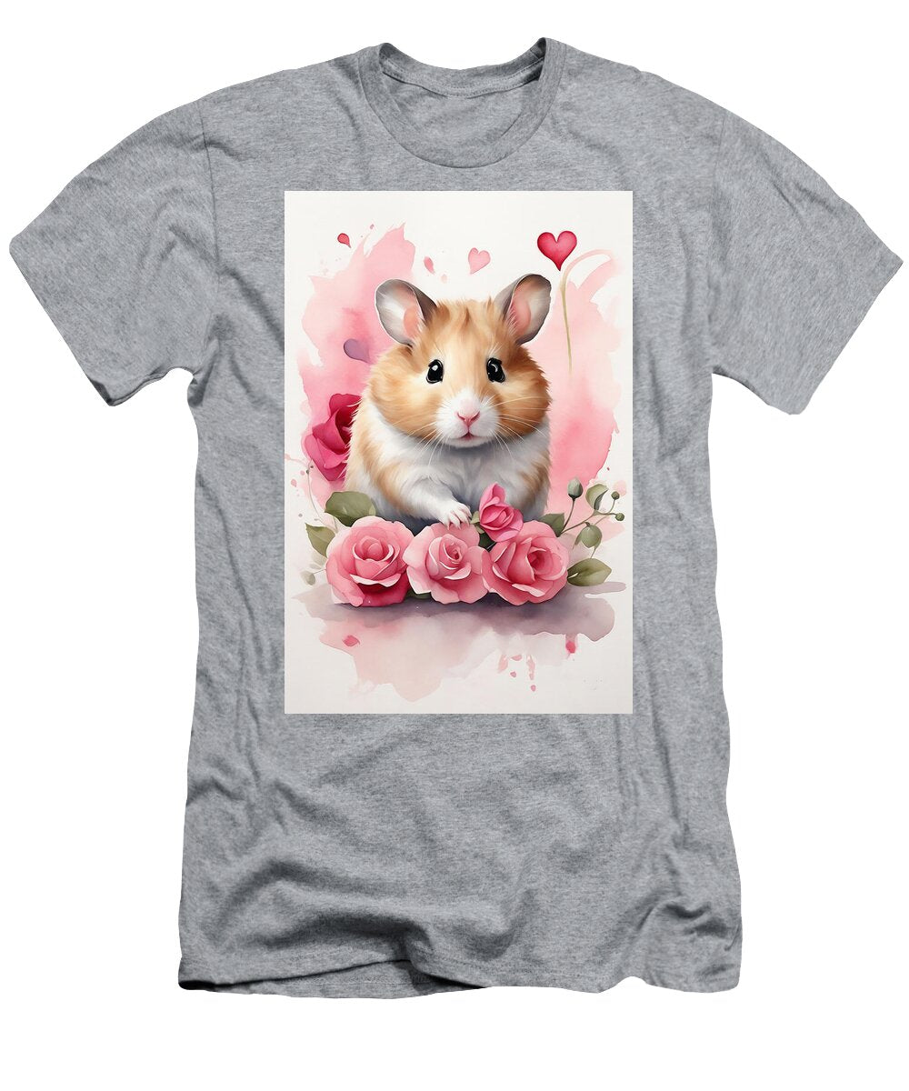Hamster on a Background of Pink Flowers Watercolor Graphics Joanna Redesiuk T-Shirt