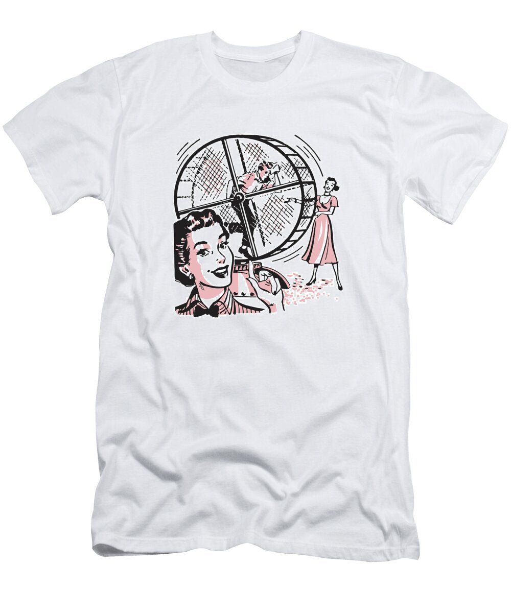 Happy Women with Man on Hamster Wheel Csa Images T-Shirt