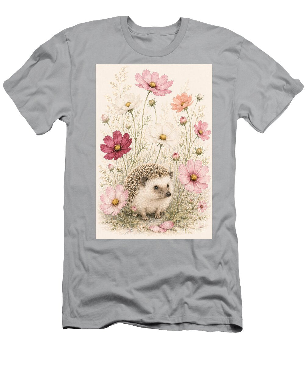 Hedgehog Among Cosmos Blossoms Whimsical Garden Wall Art Sun D Studio T-Shirt