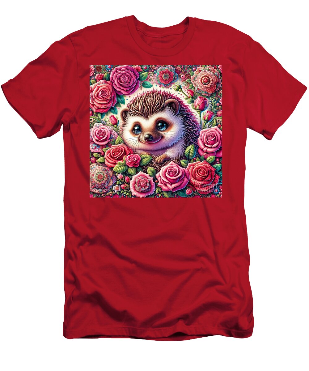 Hedgehog Among Vibrant Roses Whimsical Art Debra T-Shirt