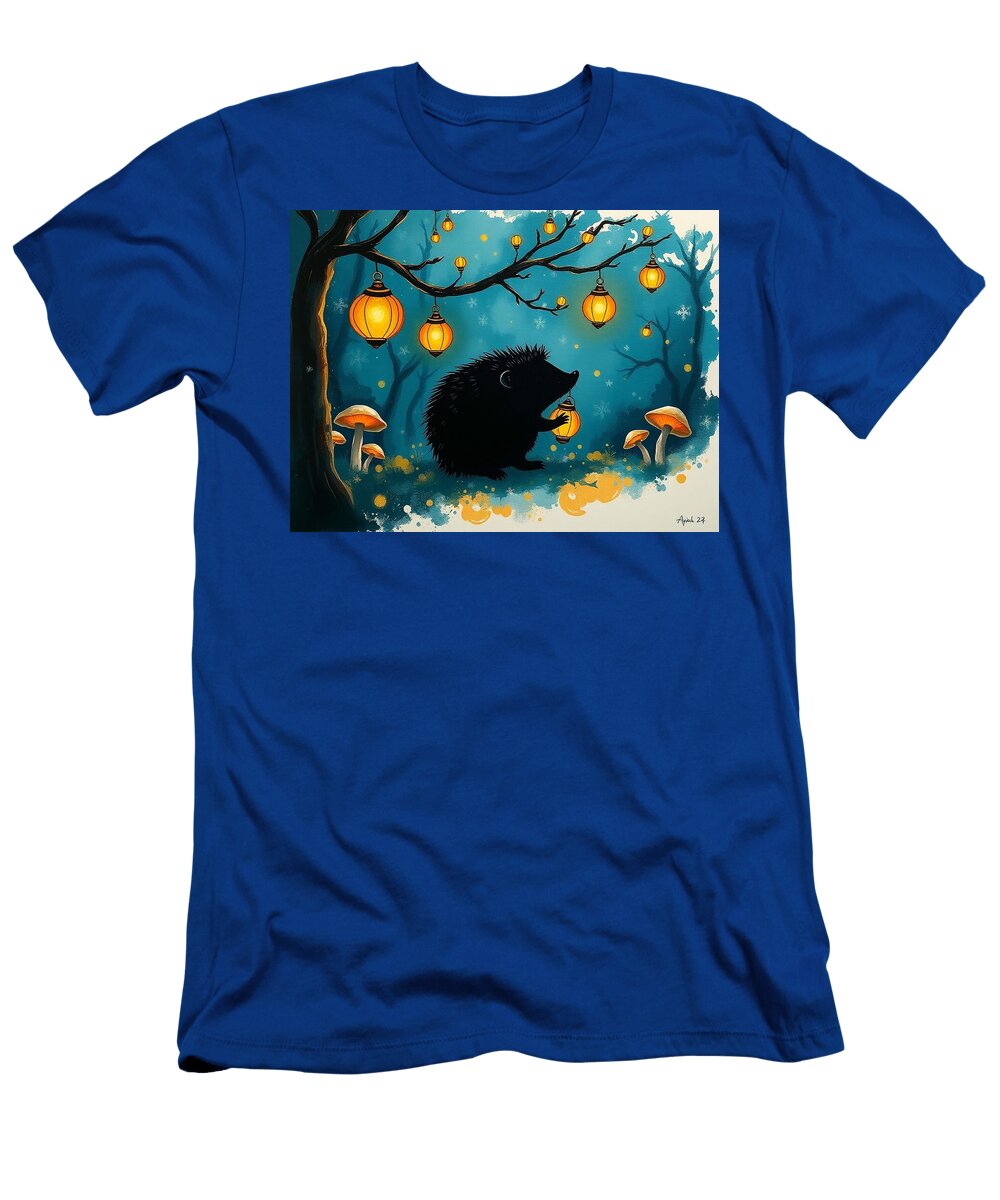 Hedgehog and Glowing Lanterns a Hedgehog Silhouette Glowing Lanterns Mushroom Forest Background Oil Hugo Boyle T-Shirt