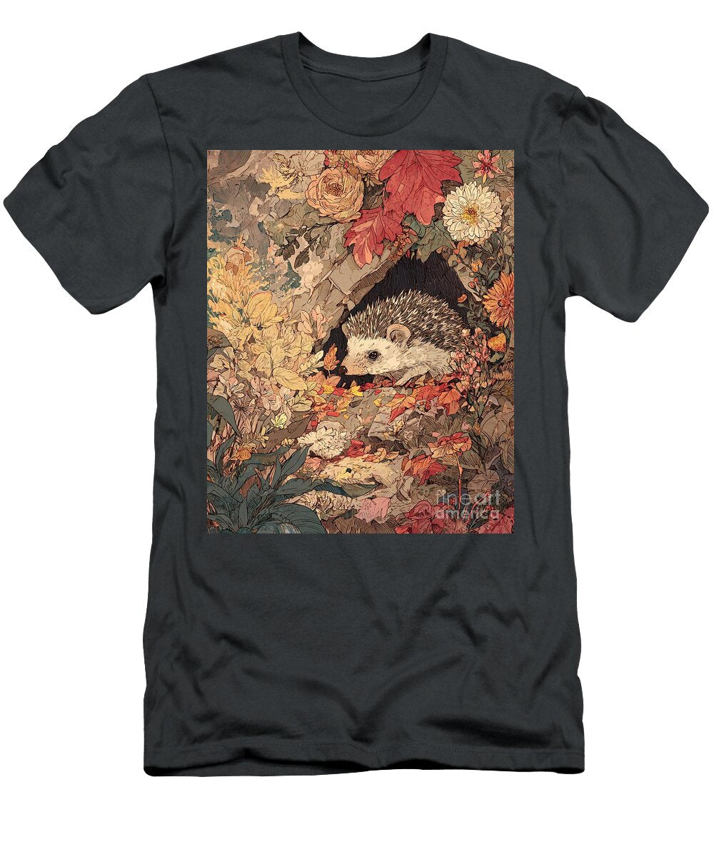 Hedgehog Art Autumn Hedgehog in Floral Embrace Floral Design Autumn Colors Clint Mclaughlin T-Shirt