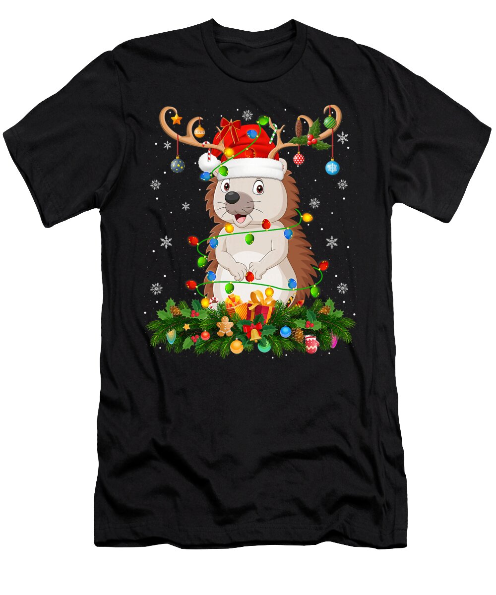 Hedgehog Christmas Lights Reindeer Santa Hat Zyneu Gangd T-Shirt