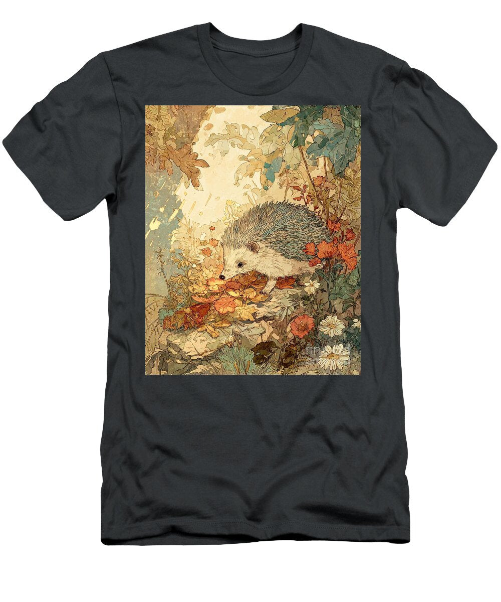 Hedgehog Illustration Hedgehog in Autumnal Forest Illustration Autumnal Forest Nature Scene Clint Mclaughlin T-Shirt