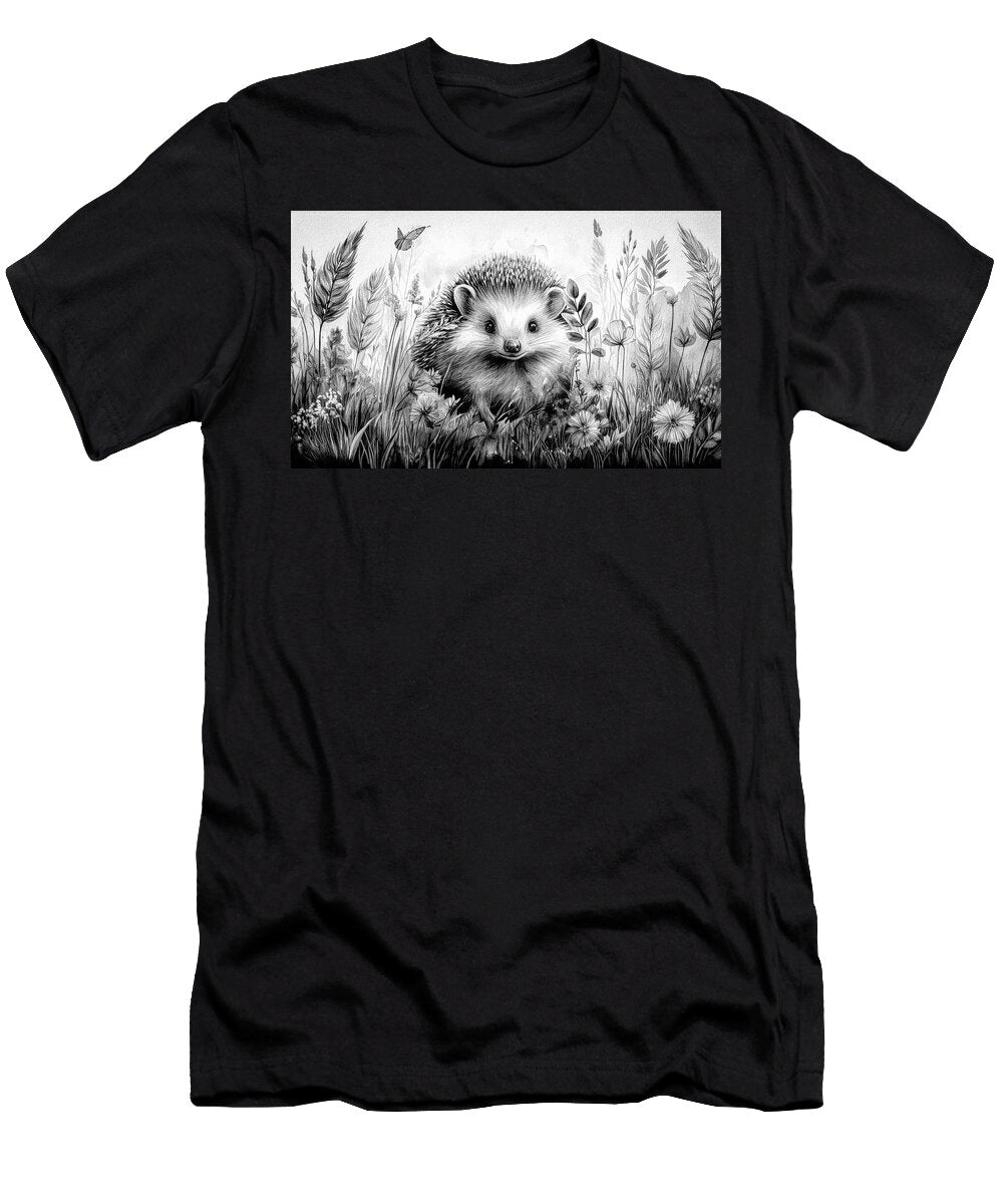 Hedgehog in the Sunshine Painting Black and White Debra and Dave Vanderlaan T-Shirt