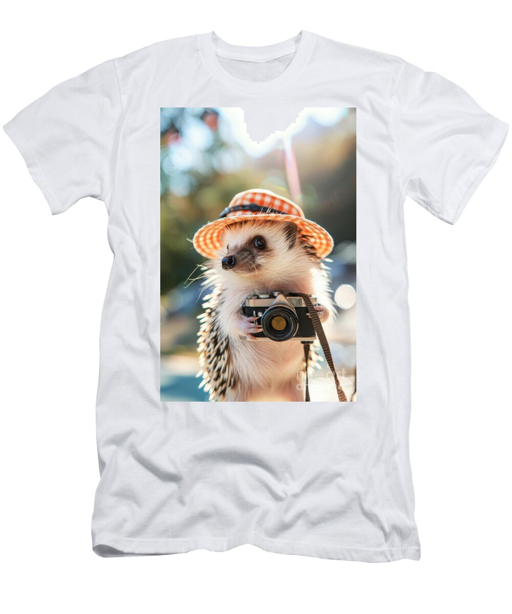 Hedgehog Tourist with Camera and Checkered Hat in Sunlight Michal Bednarek T-Shirt