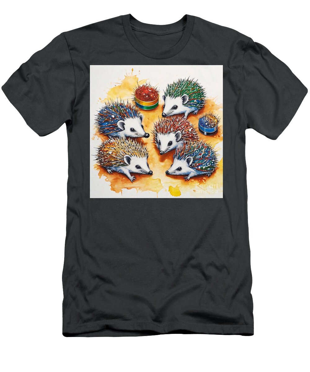 Hedgehogs Uncurling From Their Spiny Balls to Explore or Nibble Mealworms Rhys Jacobson T-Shirt