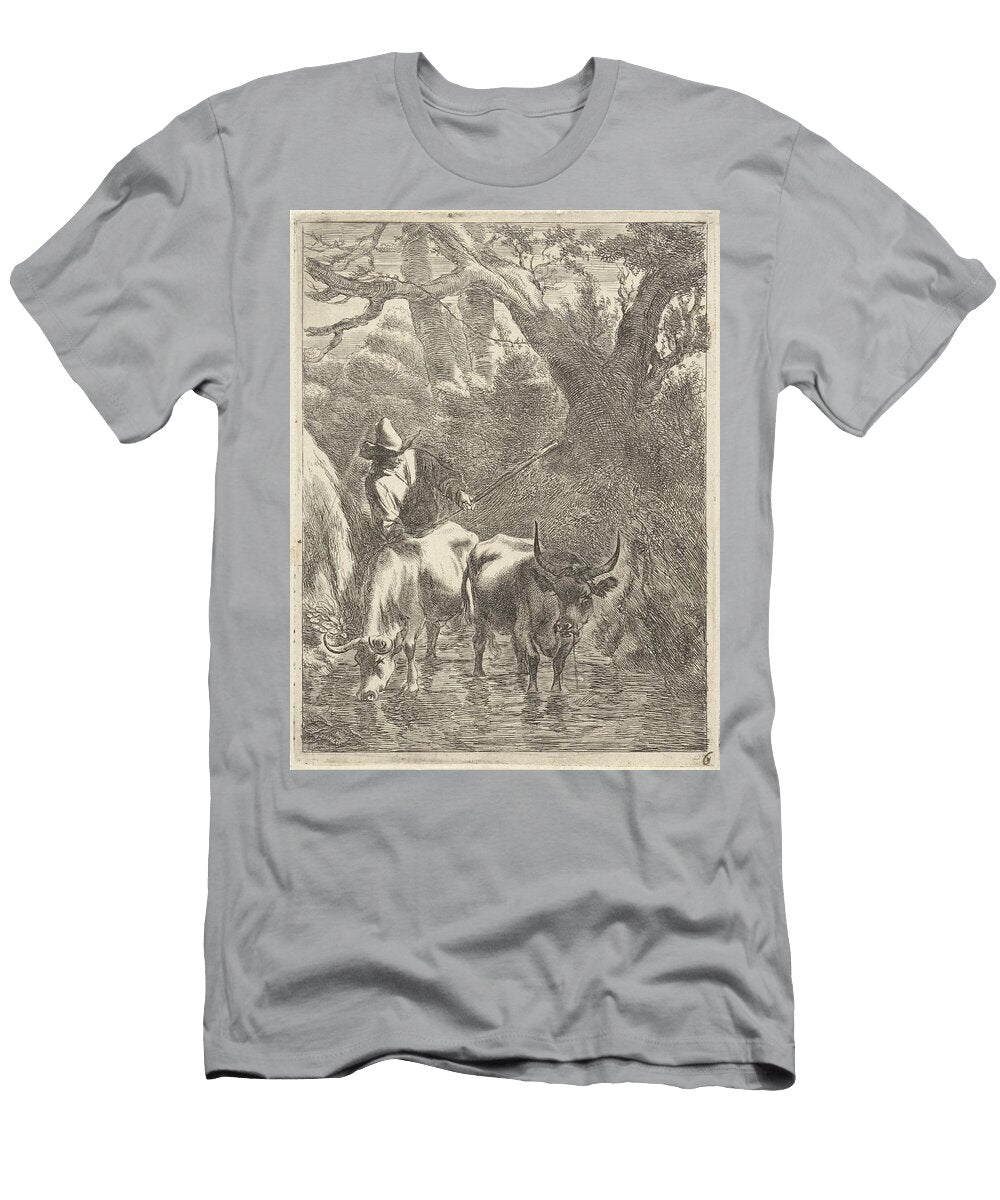 Herder Drives Two Cattle Through a Stream Jan De Visscher to Nicolaes Pietersz Berchem 1643 Motionage Designs T-Shirt