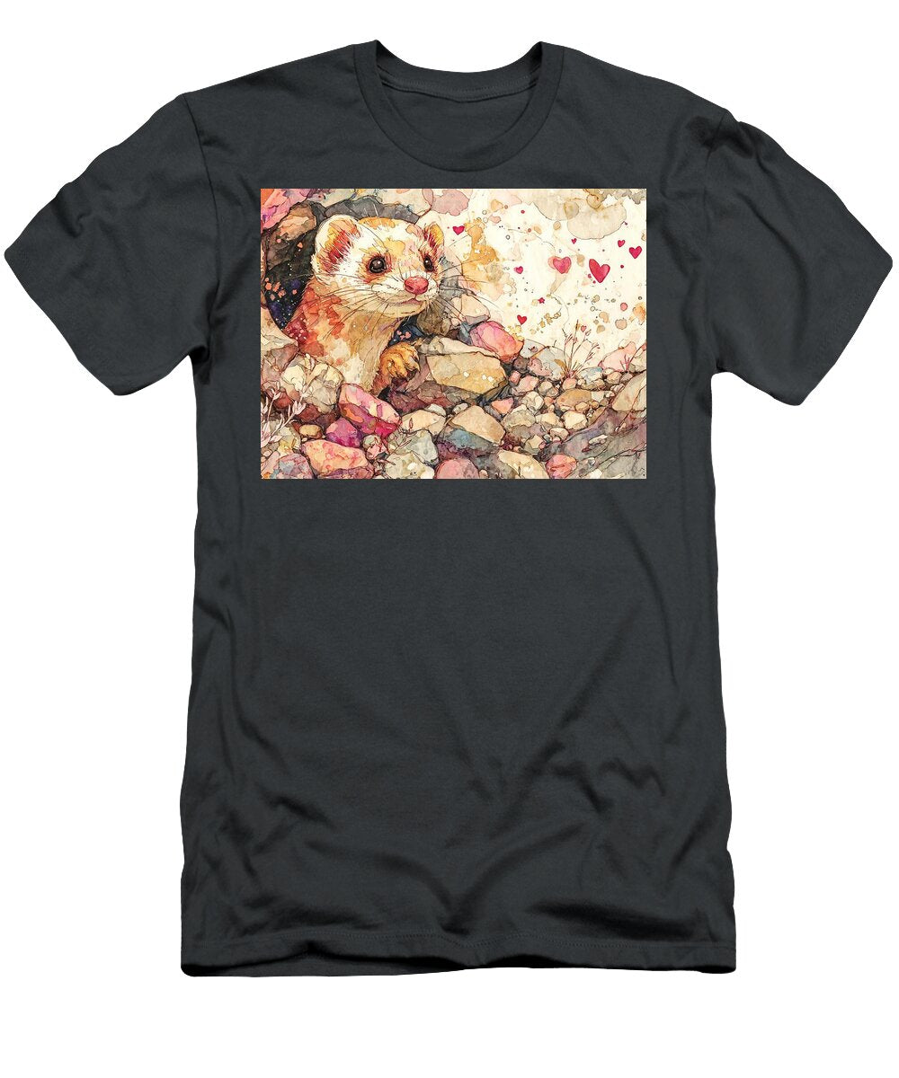 Hidden Creature Cute Ferret a Charming Lesser Weasel Peeking From a Rock Crevice Hol Watercolor Anim Elmer Powers T-Shirt