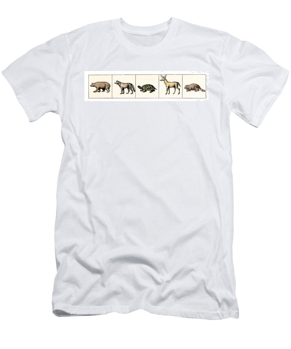 History of Indigenous Peoples Totems From Various New York Tribes Including a Bear a Wolf a Turtle a Deer and a Beaver Colourful Engraving of the 19th Century American School T-Shirt