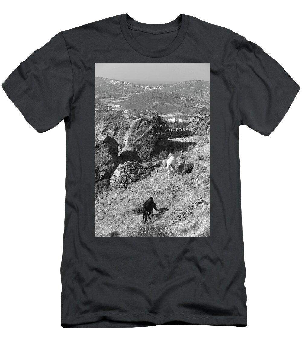 Horse and a Donkey Grazing on a Hilly Pasture Above Skala Hora Patmos Dodecanese Islands Greece Panoramic Images T-Shirt