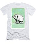 Illustration of a Whimsical Hedgehog Standing on a Branch Wall Art Prints T-Shirt