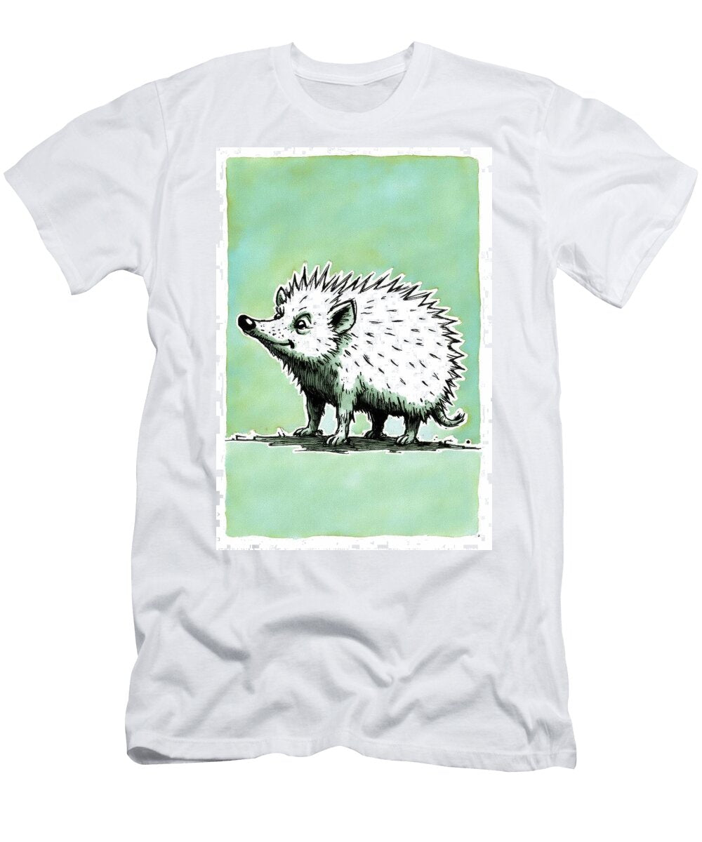 Illustration of a Whimsical Hedgehog Standing on a Branch Wall Art Prints T-Shirt