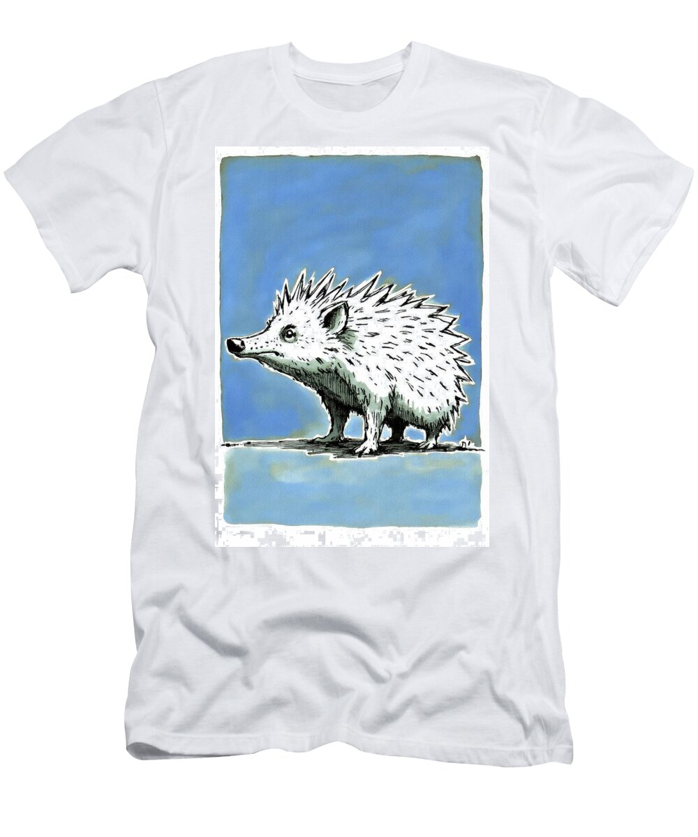 Ink Drawing Spiky Hedgehog Profile Against Blue Background Wall Art Prints T-Shirt