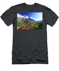 Italy Aosta Valley Aosta District Alps Courmayeur Val Ferret Blooming Rhododendron on the Slopes of Mont De LA Saxe Grandes Jorasses in the Mont Blanc Group Davide Carlo Cenadelli T-Shirt