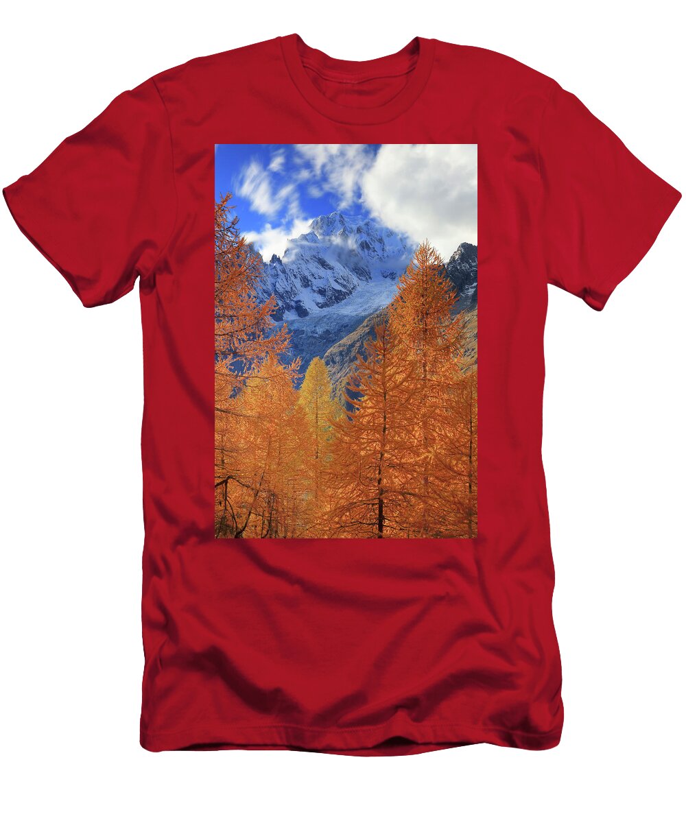 Italy Aosta Valley Aosta District Courmayeur Val Ferret Alps Mont Blanc Mountain 4810m Autumn Larches in the Area of Rifugio Bertone with Mont Blanc in the Background Davide Carlo Cenadelli T-Shirt