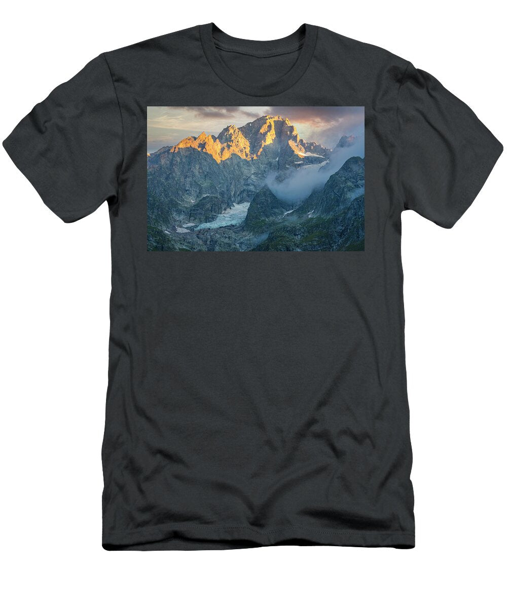 Italy Aosta Valley Aosta District Courmayeur Val Ferret Alps Mont Blanc Mountain 4810m Monte Bianco Di Courmayeur in the Mont Blanc Group At Dawn Manfred Bortoli T-Shirt