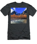Italy Aosta Valley Courmayeur Val Ferret Alps the Dora Di Ferret Torrent and Autumn Larches in Background the East Face of Grandes Jorasse on the Left Mont Blanc Group Davide Carlo Cenadelli T-Shirt