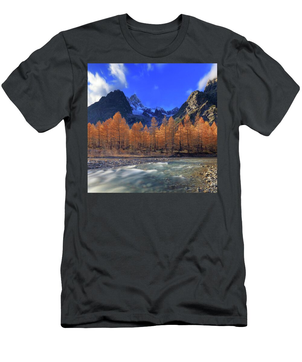 Italy Aosta Valley Courmayeur Val Ferret Alps the Dora Di Ferret Torrent and Autumn Larches in Background the East Face of Grandes Jorasse on the Left Mont Blanc Group Davide Carlo Cenadelli T-Shirt